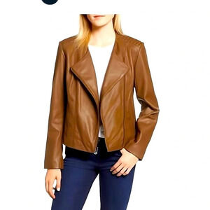 Cole Haan Signature Sz M Faux Leather Notched Wing Collar Jacket Cognac Tan NWOT
